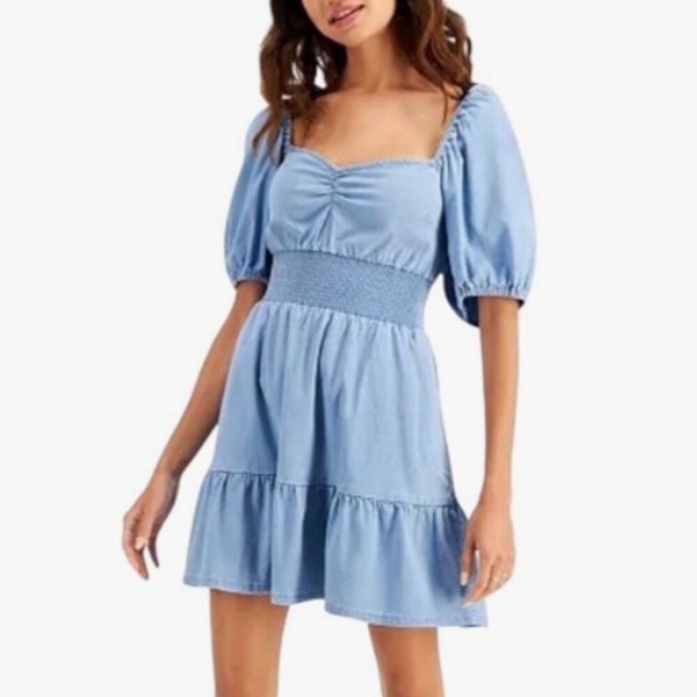 Bar III Chambray Smocked Waist Mini Dress